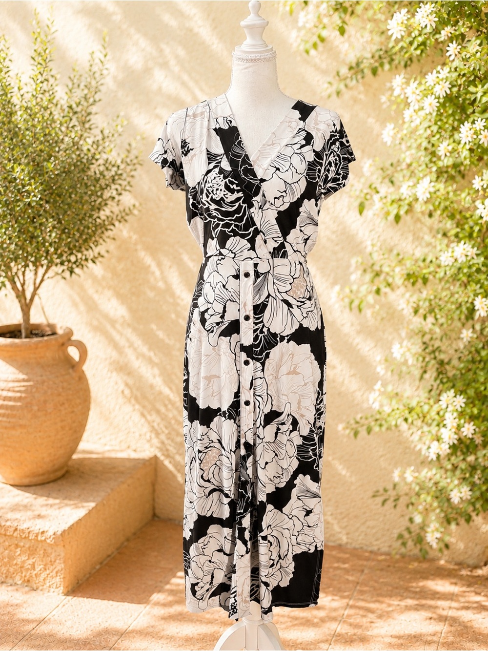 White House Black Market Black and White Floral Wrap Maxi Dress